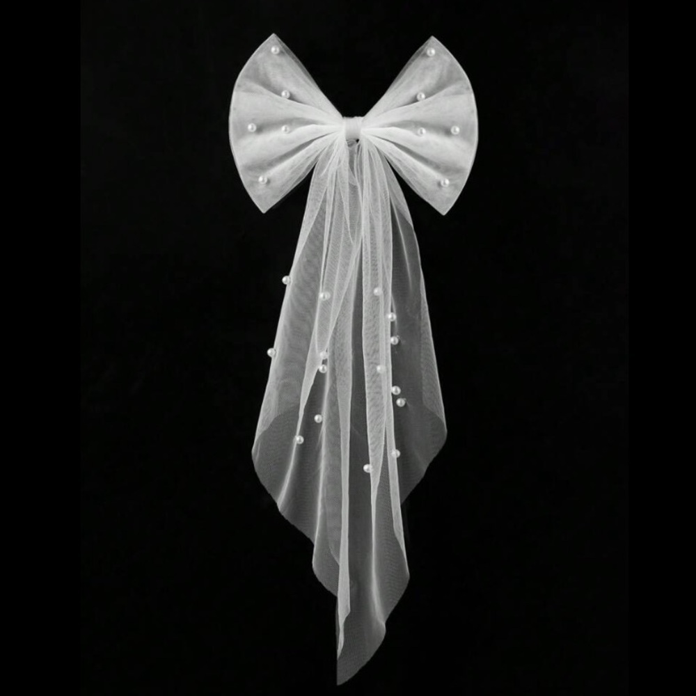Pearl Tulle Bridal Bow Polka Dot Veil Clip Romantic Bride Hair - Picture 5 of 6